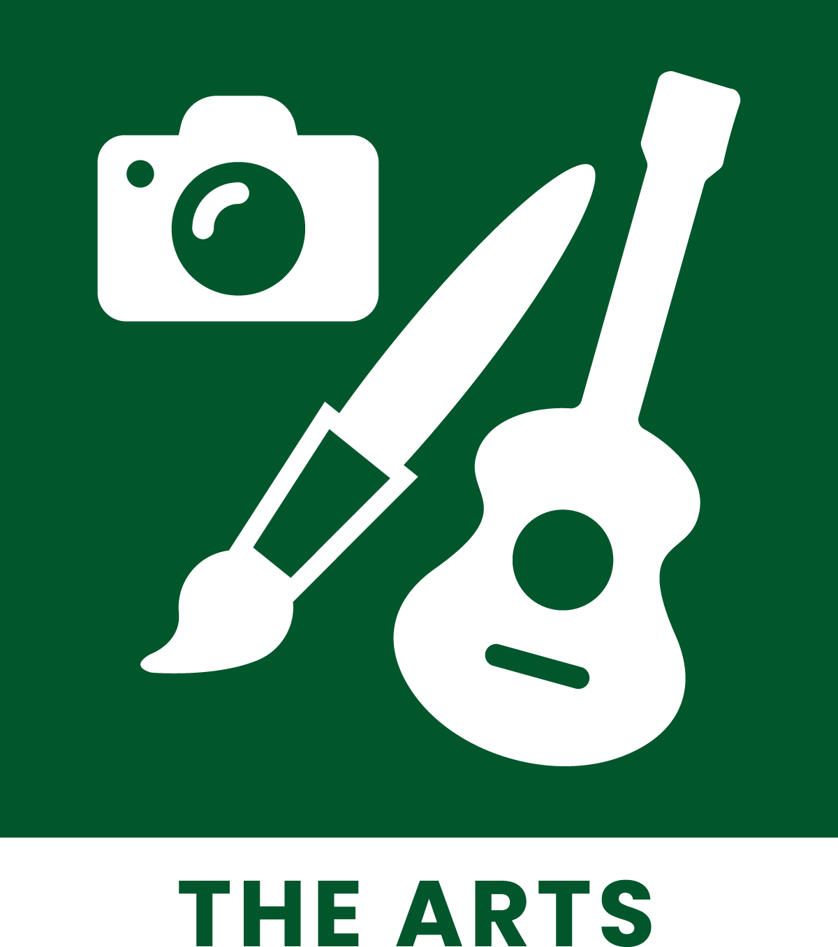 Illustration showing a camera, paint brush and guitar