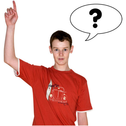 Person with his hand up and a question mark above his head