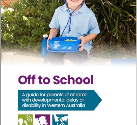front cover of Off to School booklet with young boy smiling, holding his lunch bag