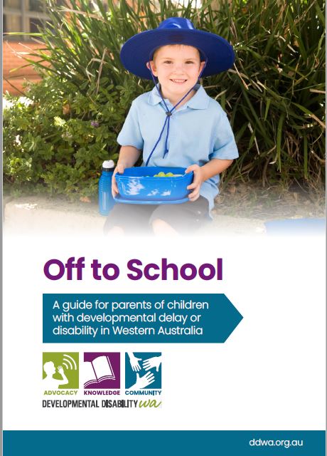 front cover of Off to School booklet with young boy smiling, holding his lunch bag