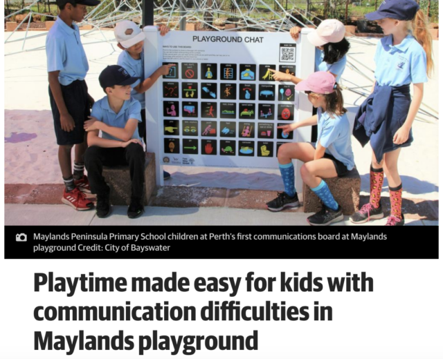 Maylands Peninsula Primary School children at Perth’s first communications board at Maylands playground