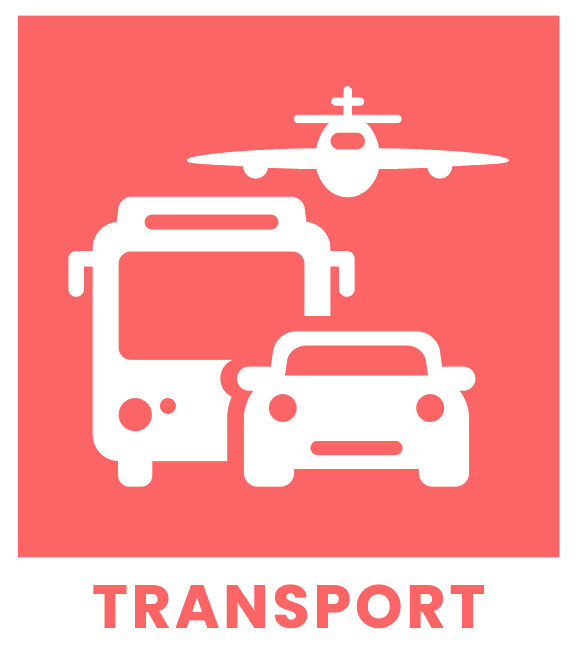 illustration with pink background and white images of a bus, airplane, and car