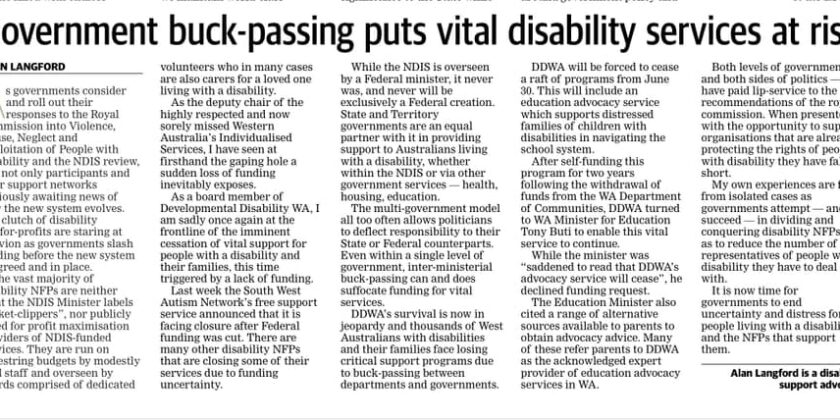 screen shot of newspaper article by DDWA Board member: "Alan Langford: Buck-passing puts vital disability services at risk"