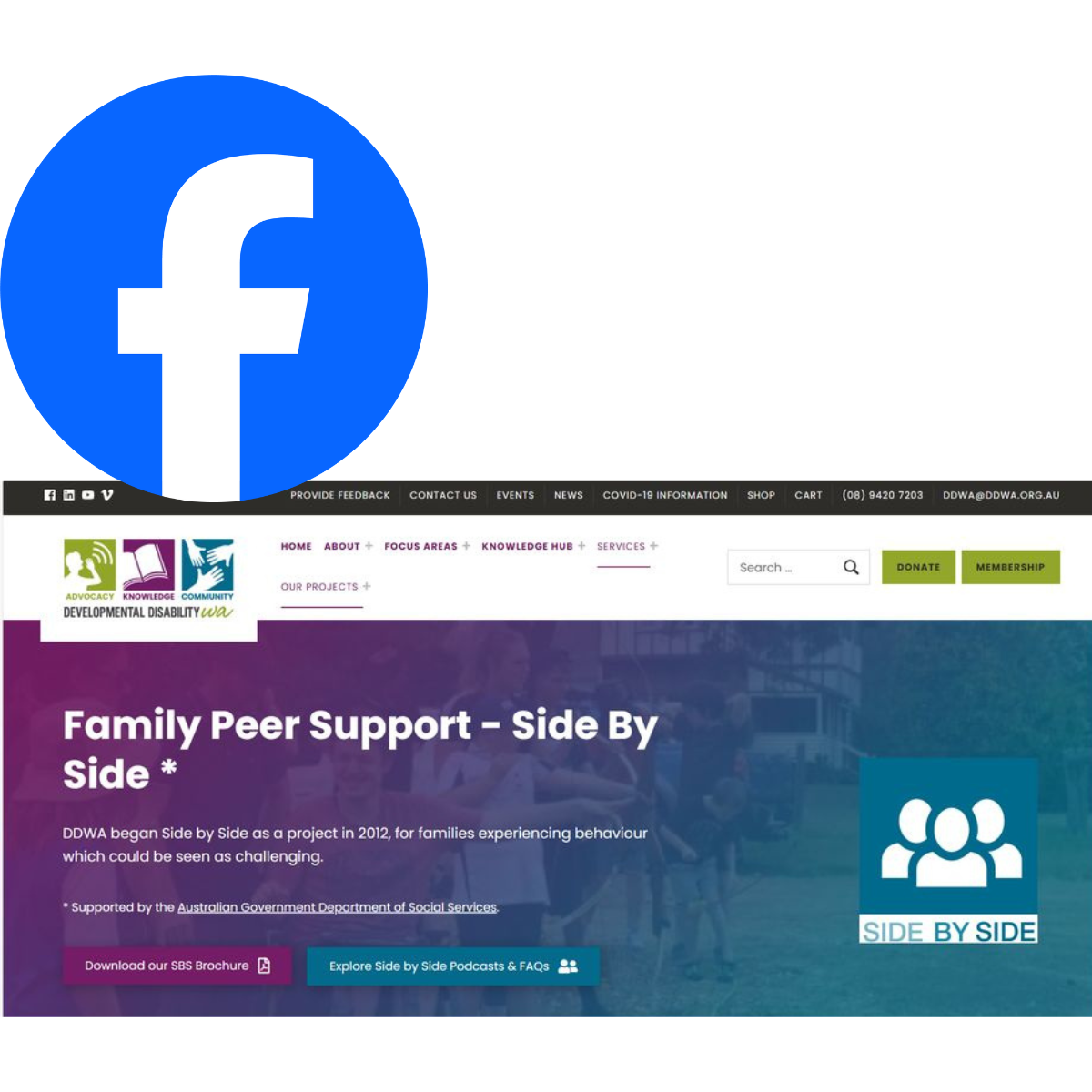 Facebook logo top left over webpage cover image for the Side by Side Peer Support group