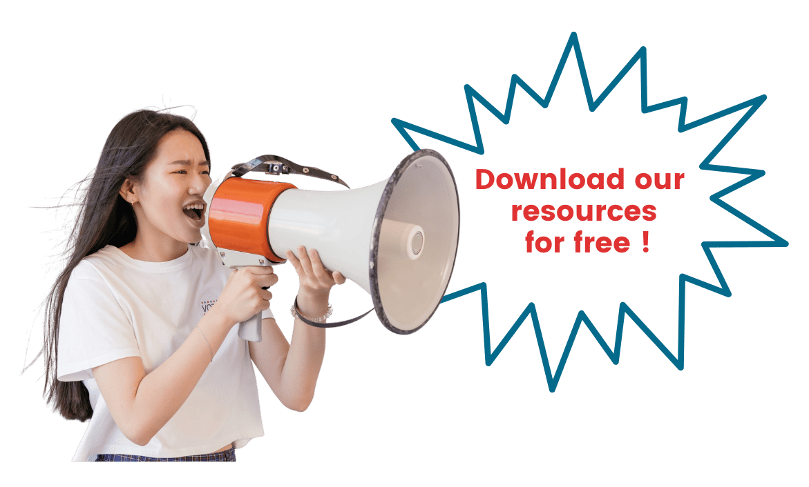 teenage girl shouting into a mega phone the words, download our resources for free