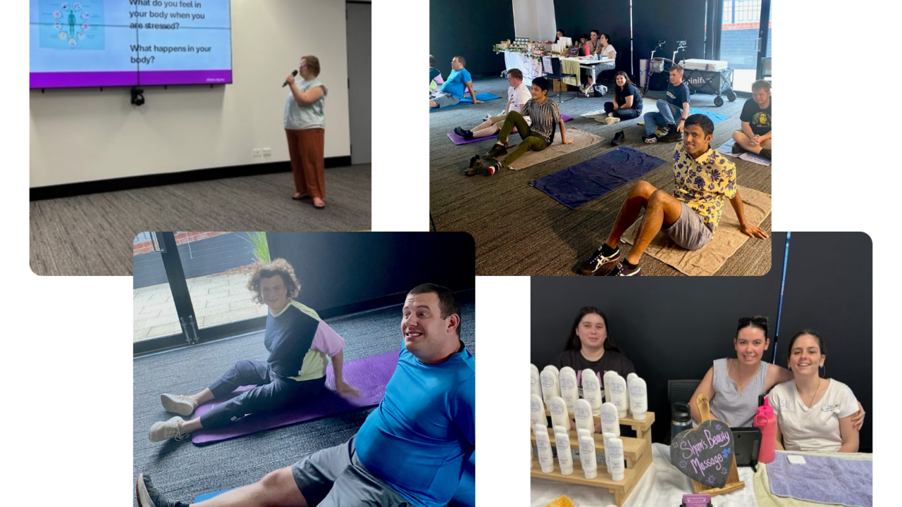 Image description: Four images, two at top and two below. Left to right top: Jessica presenting in front of screen with words "What stress can do to our bodies: what do you feel in your body when you are stressed? what happens in your body?" and a group of people on yoga mats or towels, relaxing. Left to right bottom: two people on yoga mats, and a stall with beauty products on a table and three people seated behind the table, smiling.