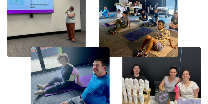 Image description: Four images, two at top and two below. Left to right top: Jessica presenting in front of screen with words "What stress can do to our bodies: what do you feel in your body when you are stressed? what happens in your body?" and a group of people on yoga mats or towels, relaxing. Left to right bottom: two people on yoga mats, and a stall with beauty products on a table and three people seated behind the table, smiling.