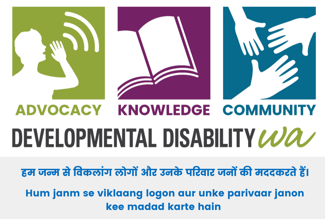 DDWA logo showing the 3 pillars of work we do which are advocacy knowledge and community. this is written underneath translated in Hindi