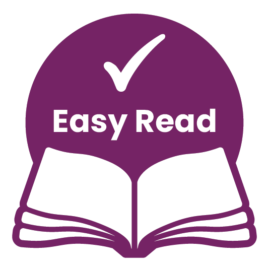 Easy Read logo showing a purple circle with a tick and the words easy read with an illustration of an open book underneath the circle