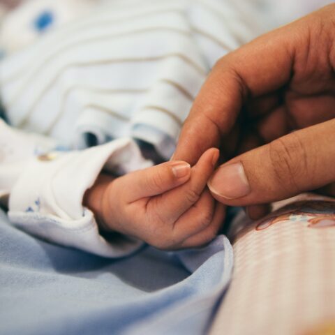 adult hand holding baby's index finger - close up photo, no faces
